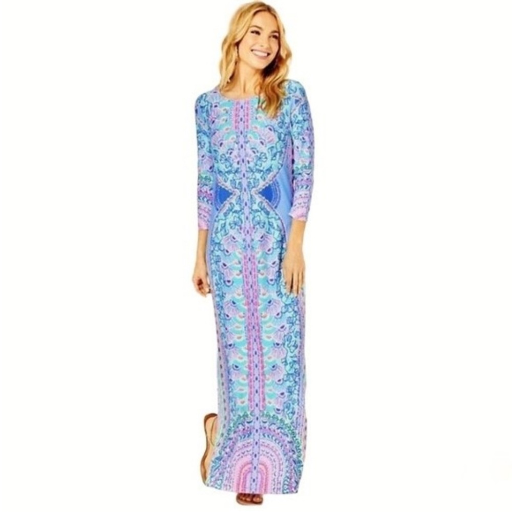 Lilly Pulitzer Blue and Pink Resort Gown with Cuffed Sleeves